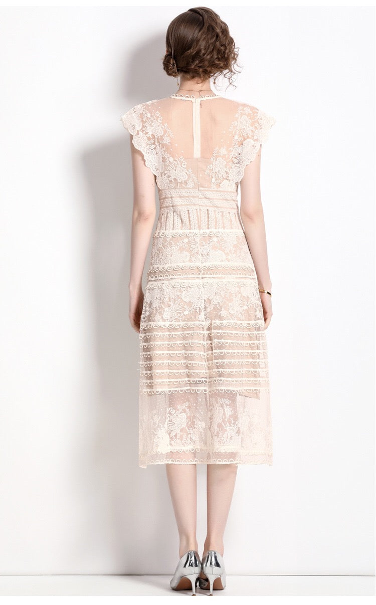 A-LIne Sleeveless Silk Lace Midi Dress