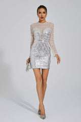 Iliana Silver Pearl Embellished Sequin Dress