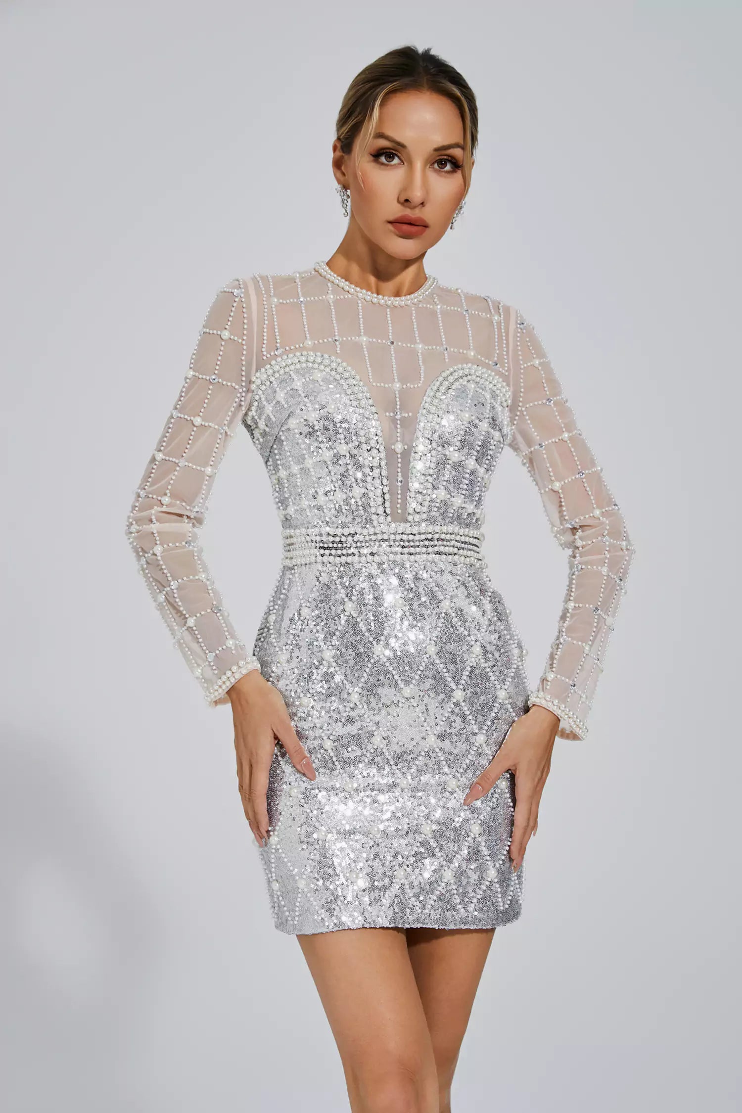 Iliana Silver Pearl Embellished Sequin Dress