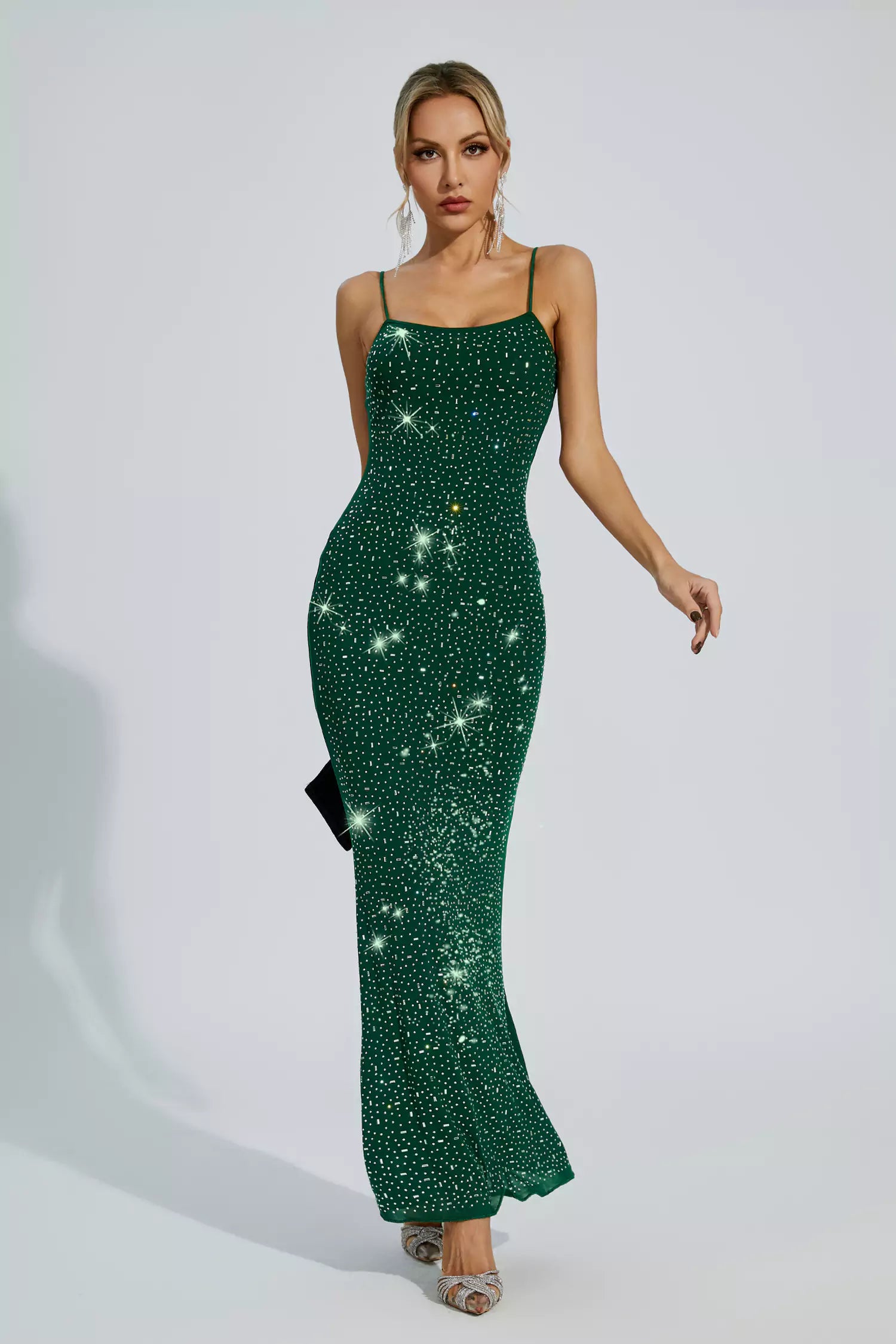 Indie Green Embellished Mesh Maxi Dress