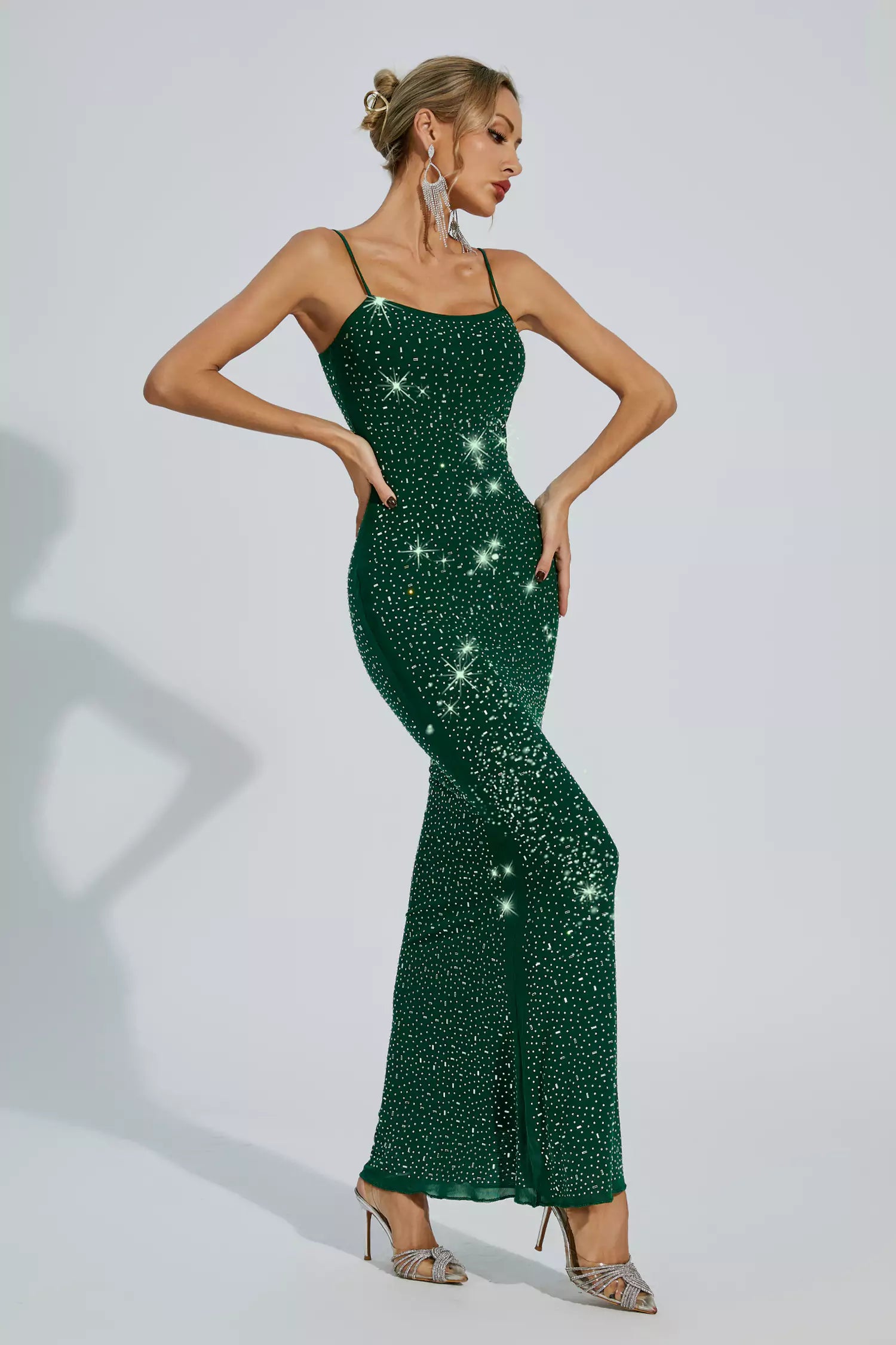 Indie Green Embellished Mesh Maxi Dress