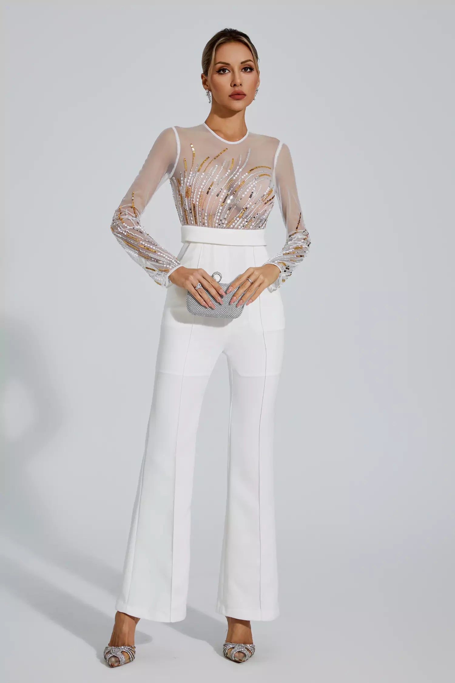 Jaycee White Sequin Mesh Jumpsuit