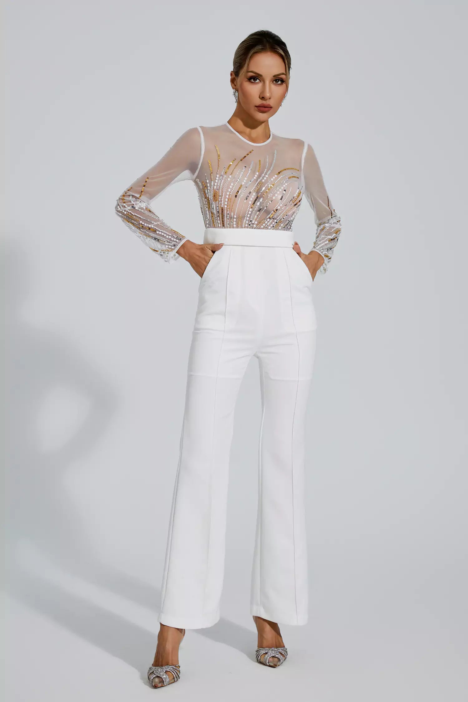 Jaycee White Sequin Mesh Jumpsuit