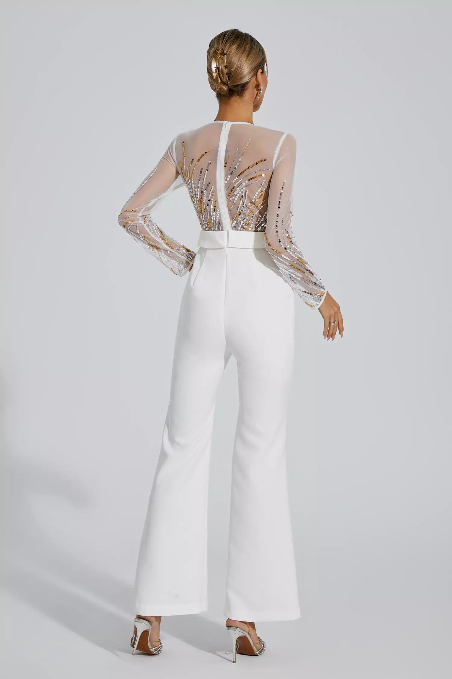 Jaycee White Sequin Mesh Jumpsuit