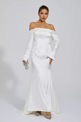 Joyce White Off-shoulder Maxi Satin Dress