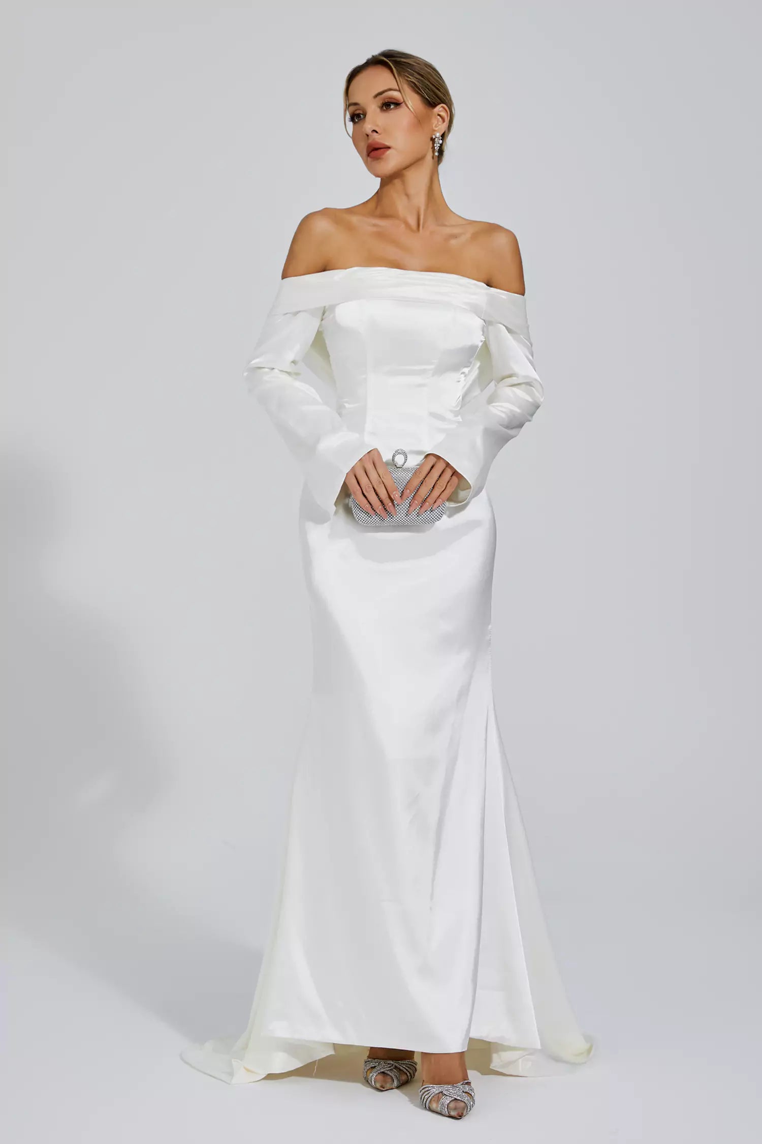 Joyce White Off-shoulder Maxi Satin Dress