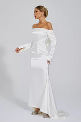 Joyce White Off-shoulder Maxi Satin Dress