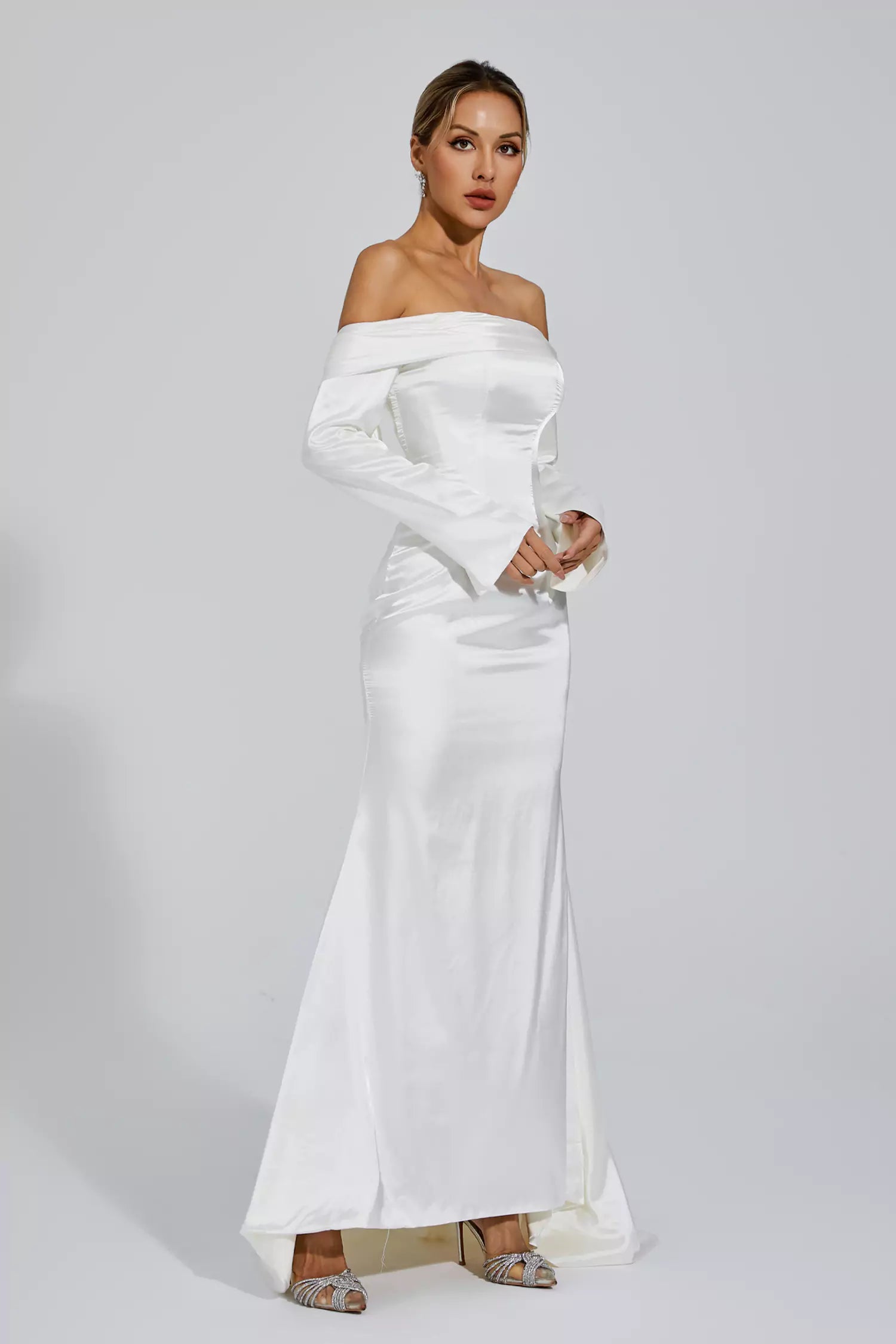 Joyce White Off-shoulder Maxi Satin Dress