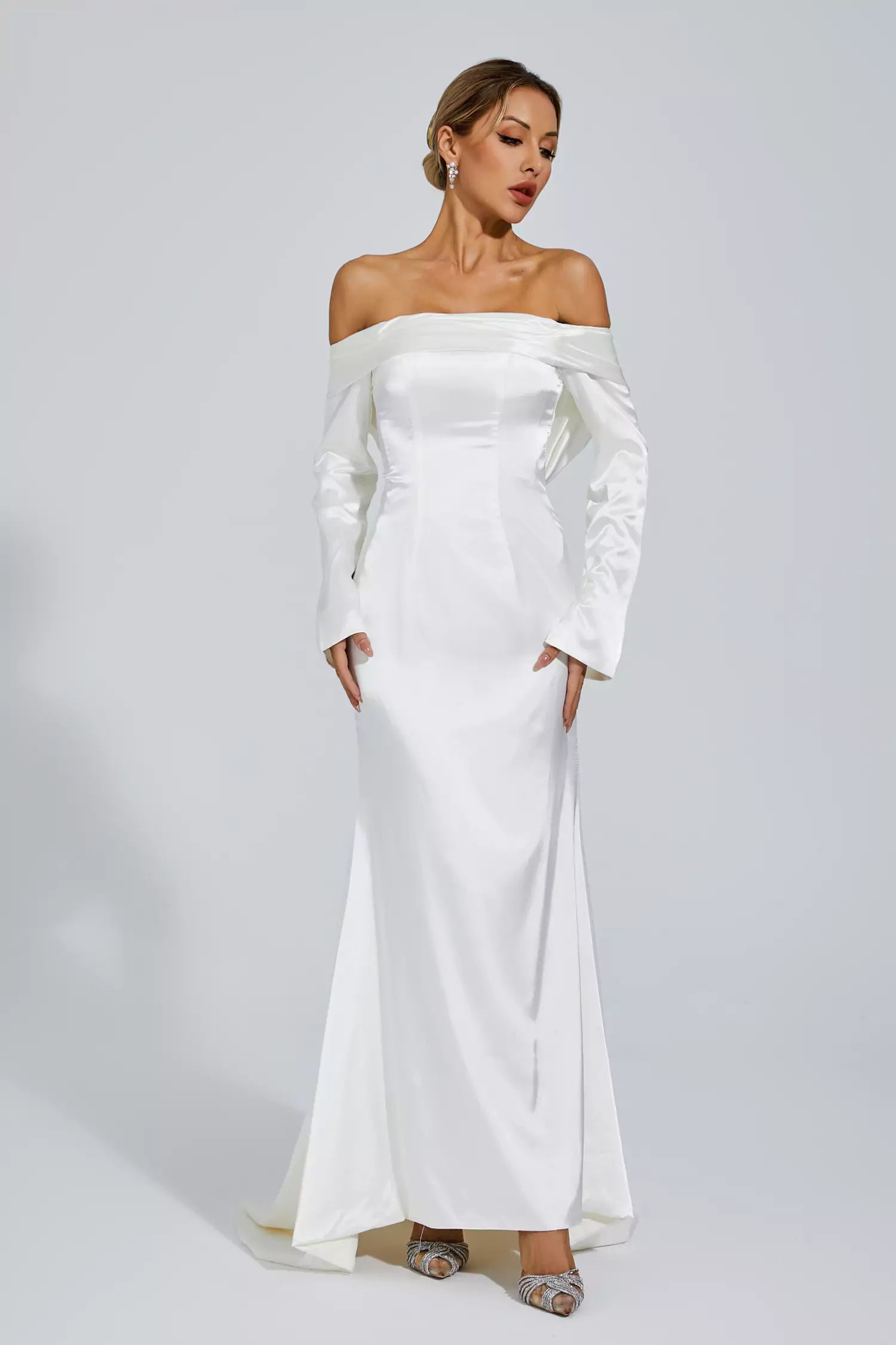 Joyce White Off-shoulder Maxi Satin Dress