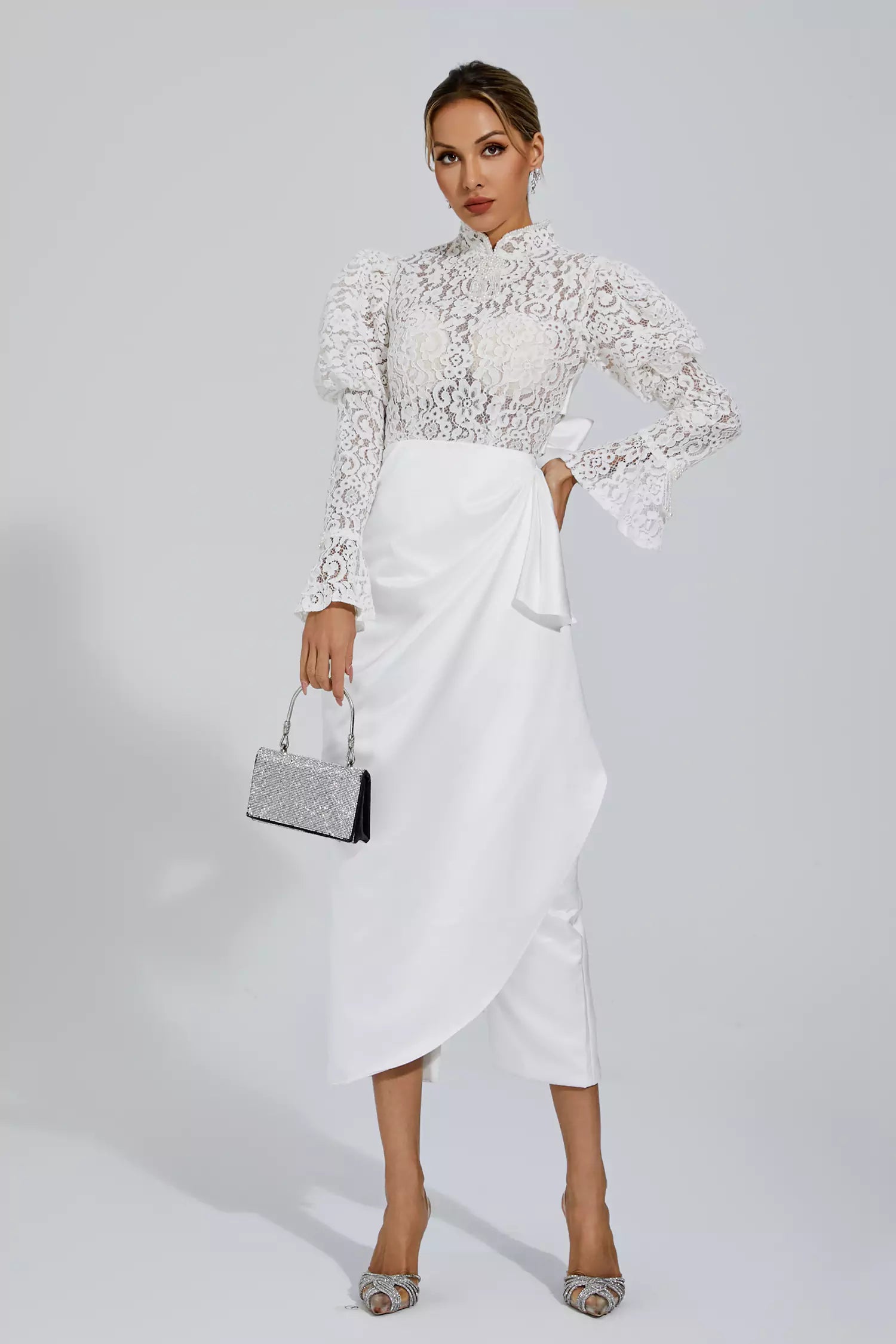 Kailey White Lace  Bubble Sleeve Midi Dress