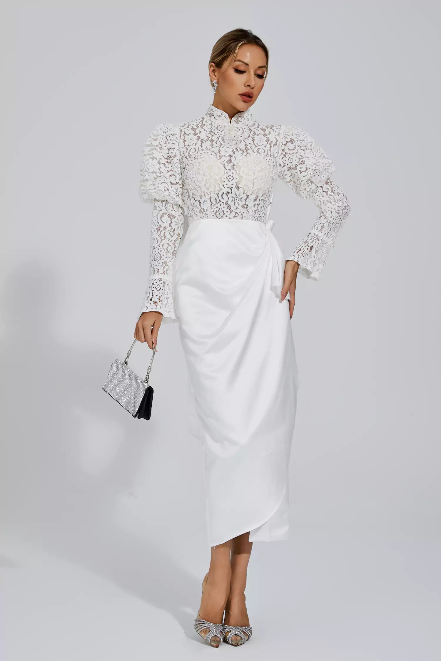 Kailey White Lace  Bubble Sleeve Midi Dress