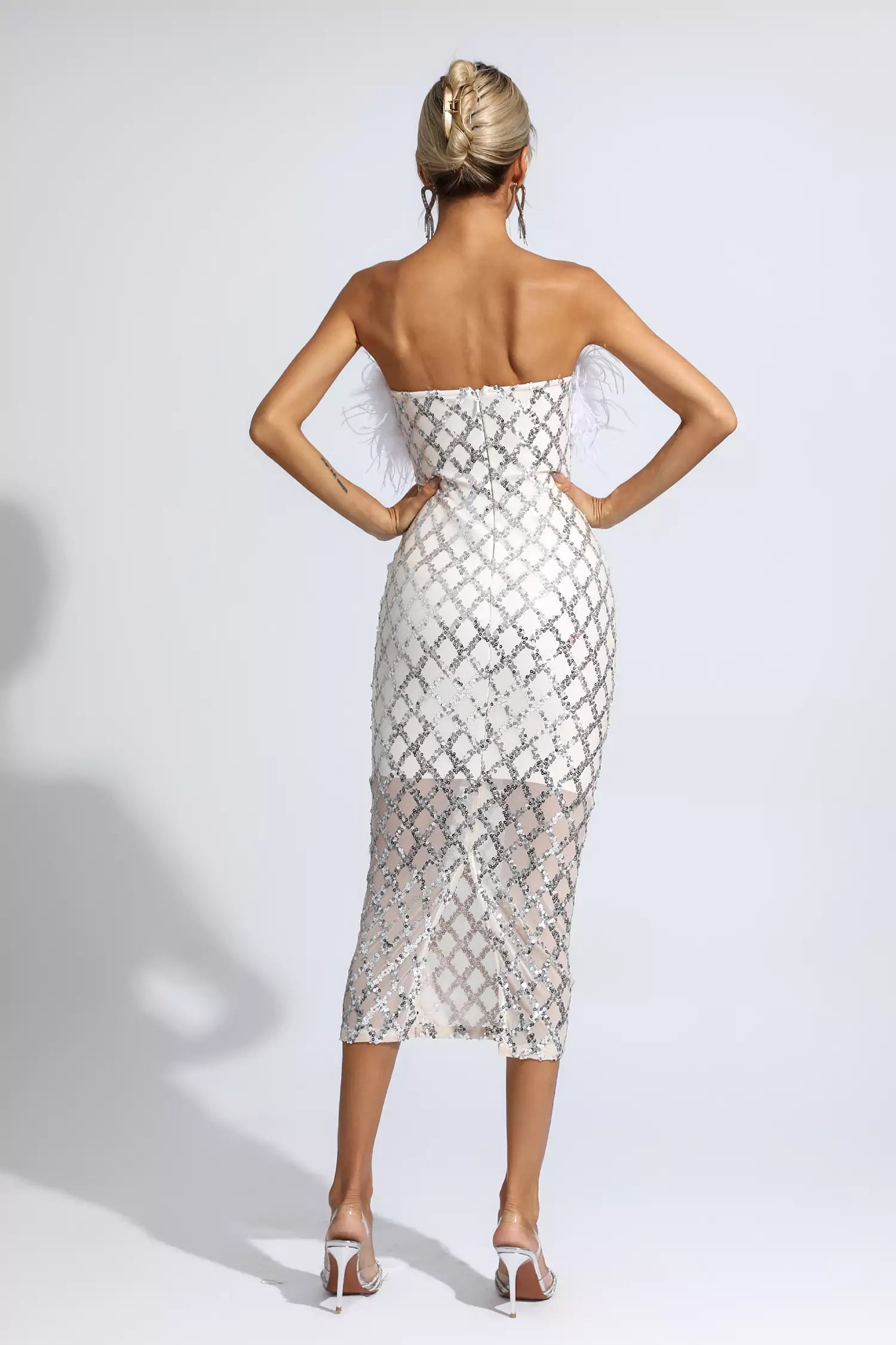 Kayleigh White Feather Sequin Midi Dress