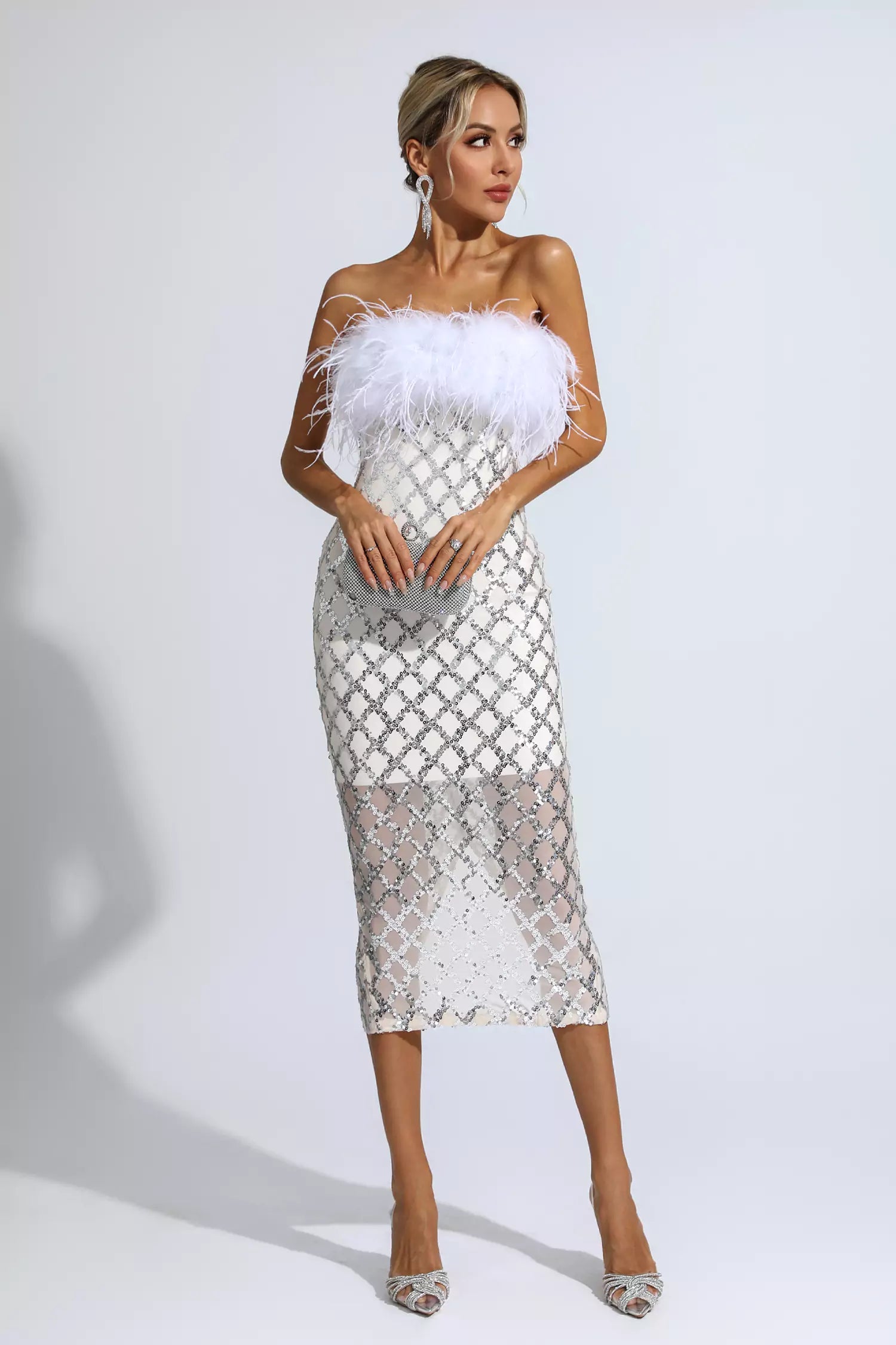 Kayleigh White Feather Sequin Midi Dress