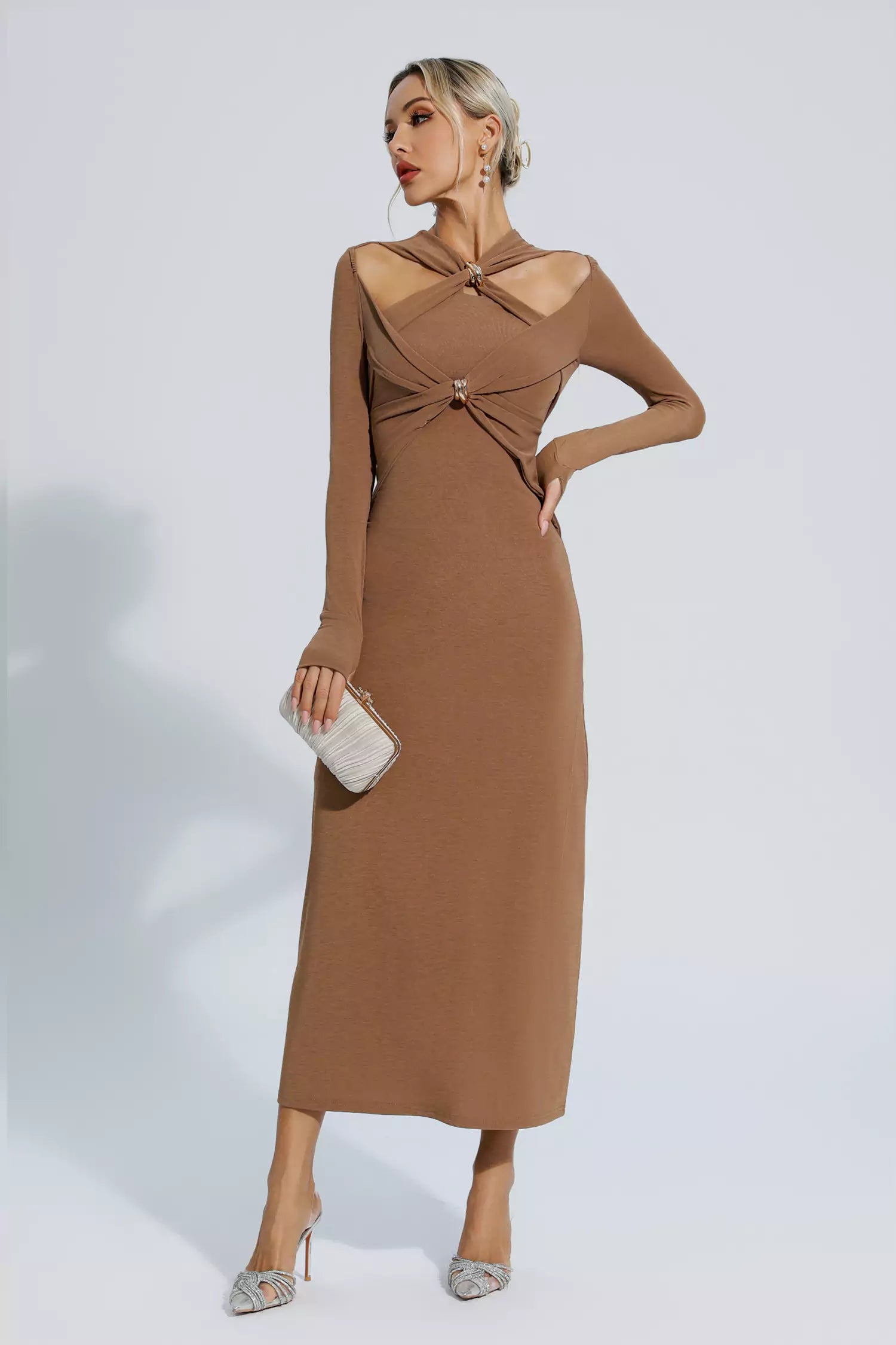 Kendra Brown Knit Long Sleeve Maxi Dress