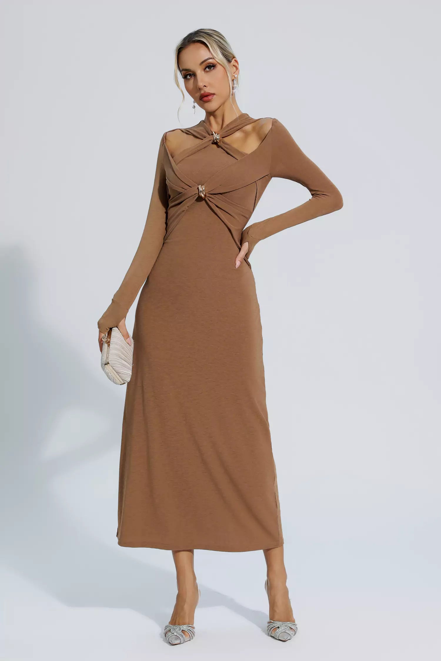 Kendra Brown Knit Long Sleeve Maxi Dress