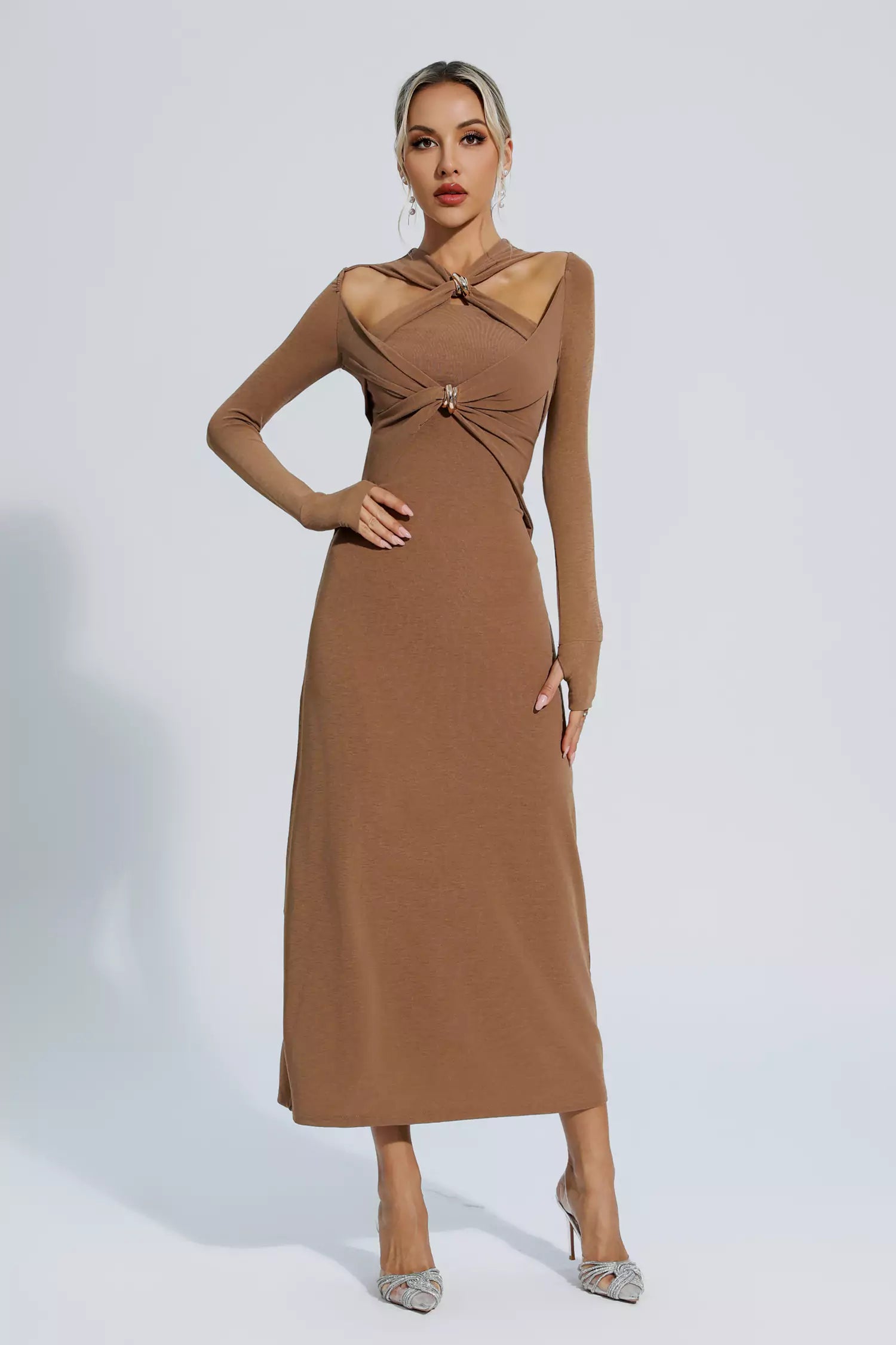 Kendra Brown Knit Long Sleeve Maxi Dress