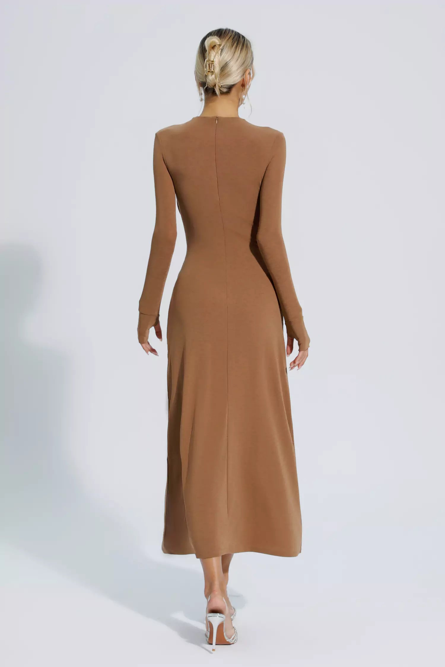 Kendra Brown Knit Long Sleeve Maxi Dress