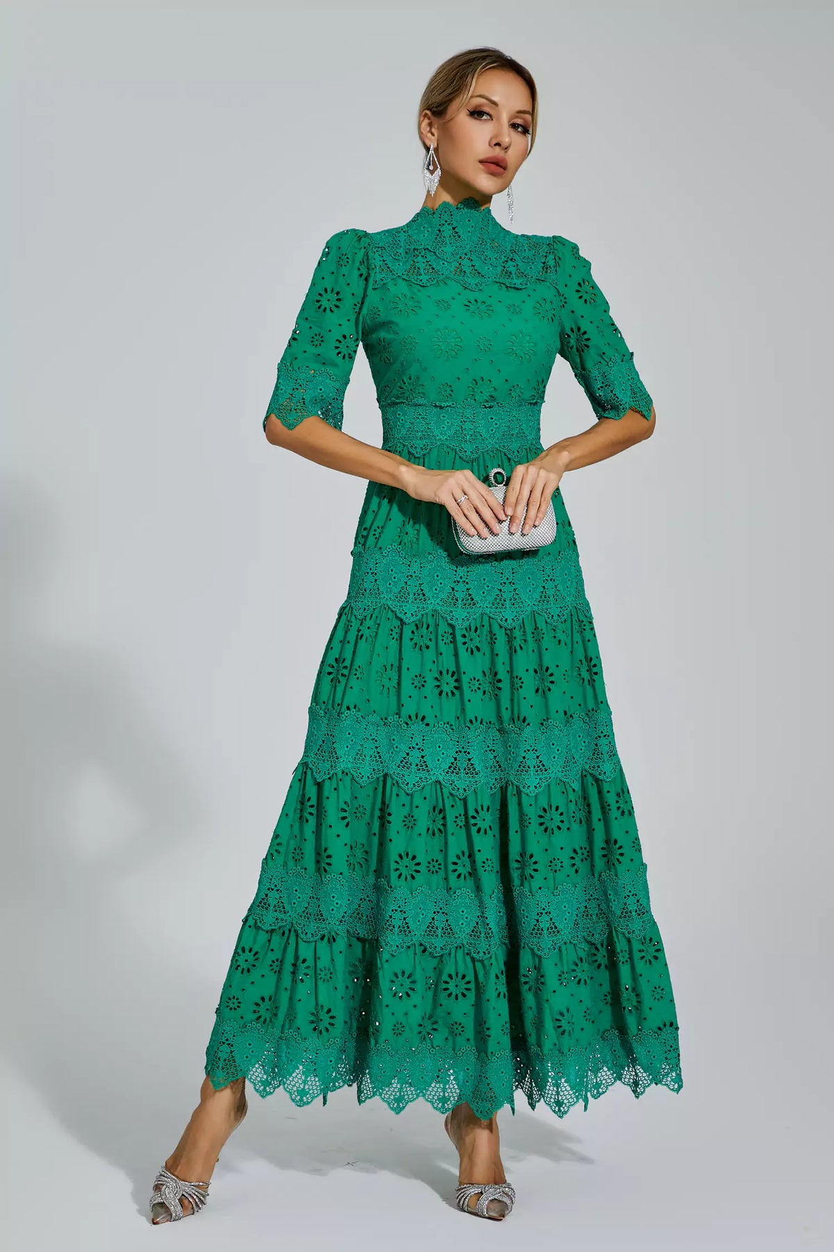 Kenna Green Hollow Half Sleeve Midi Dress