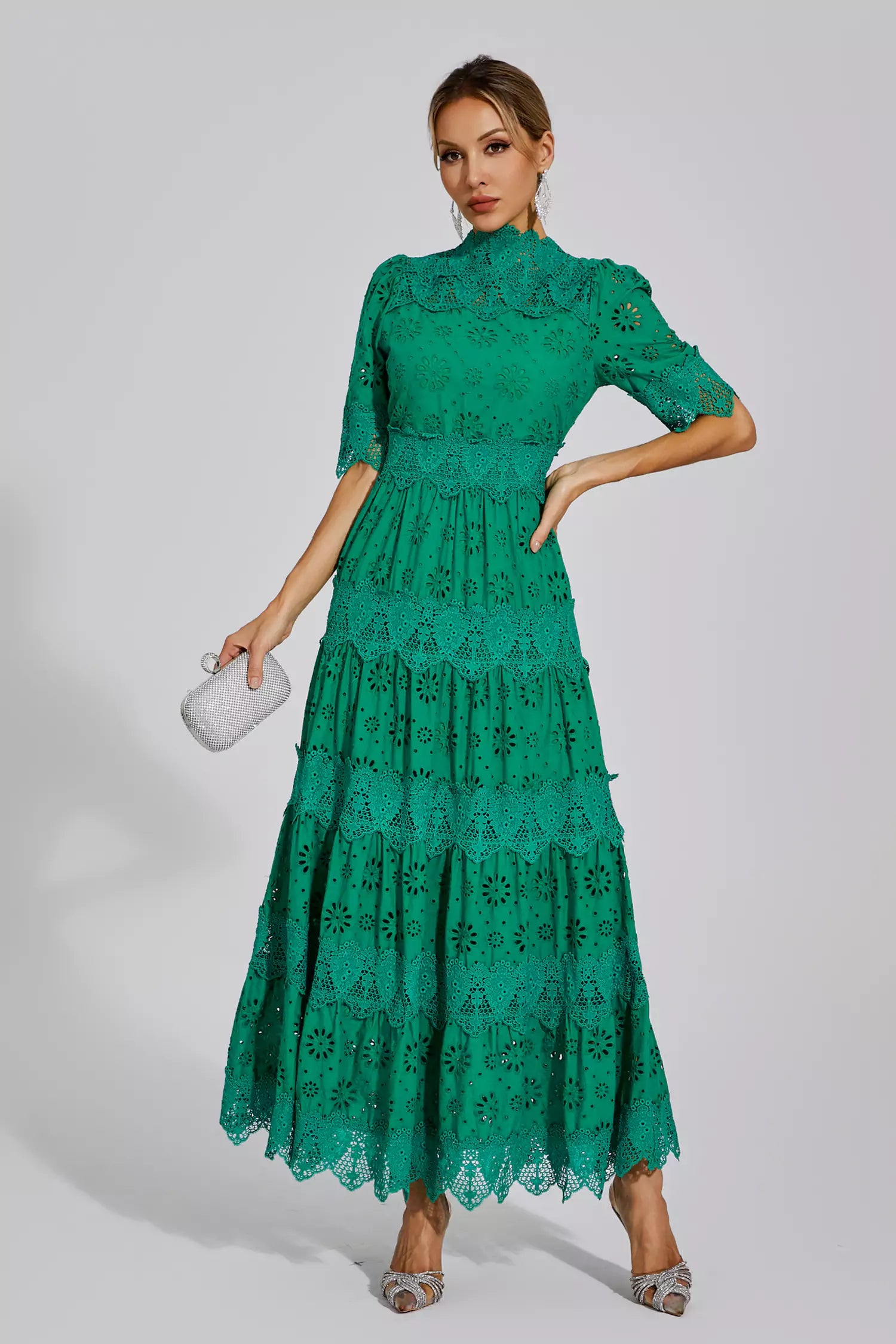 Kenna Green Hollow Half Sleeve Midi Dress