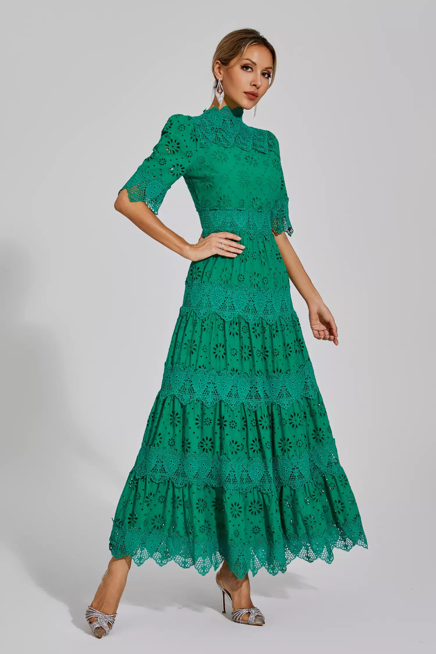 Kenna Green Hollow Half Sleeve Midi Dress