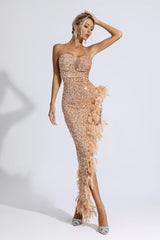 Kira Champagne Sequin Feather Dress