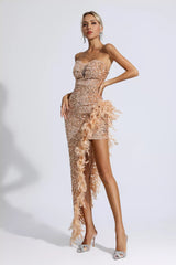 Kira Champagne Sequin Feather Dress