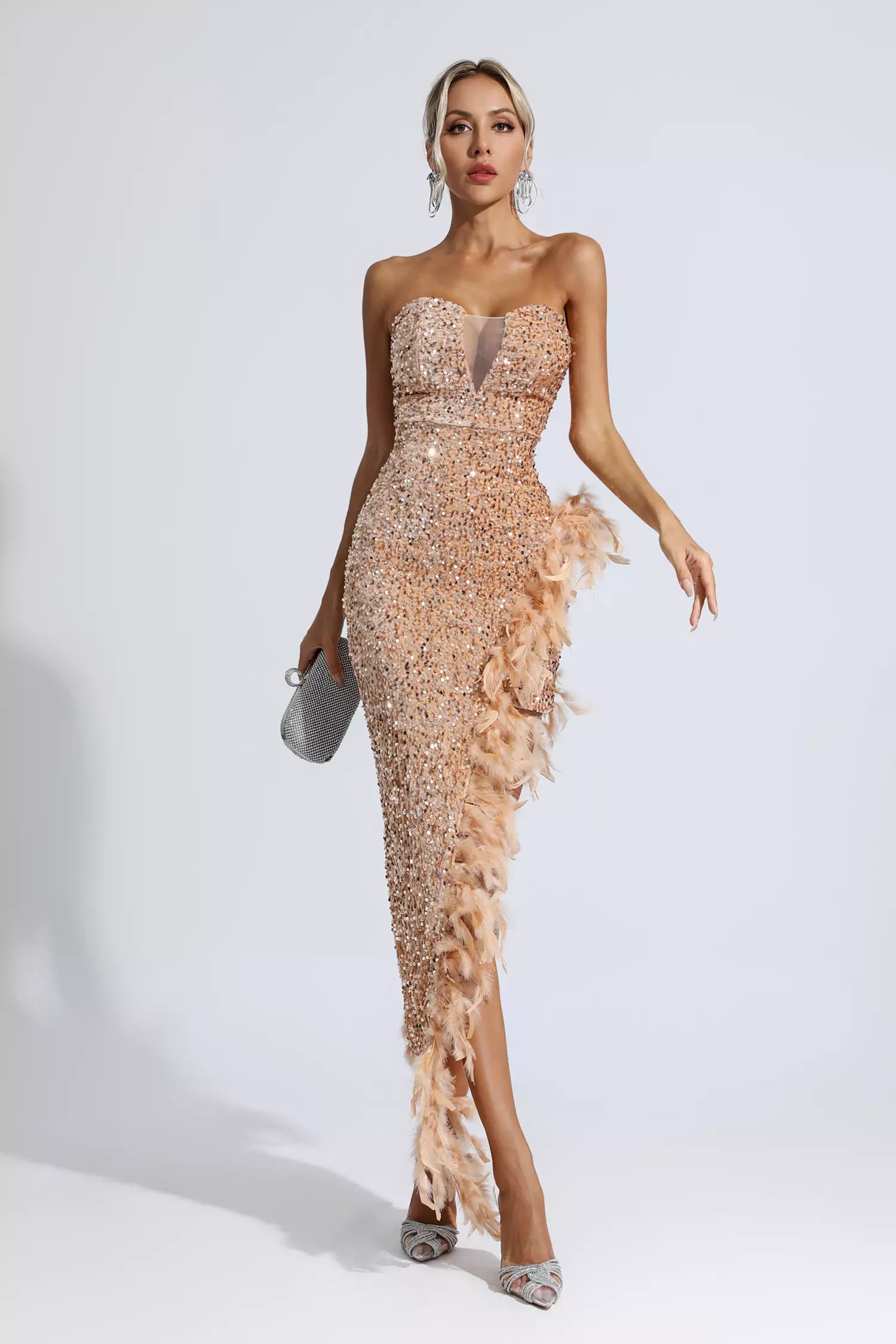 Kira Champagne Sequin Feather Dress