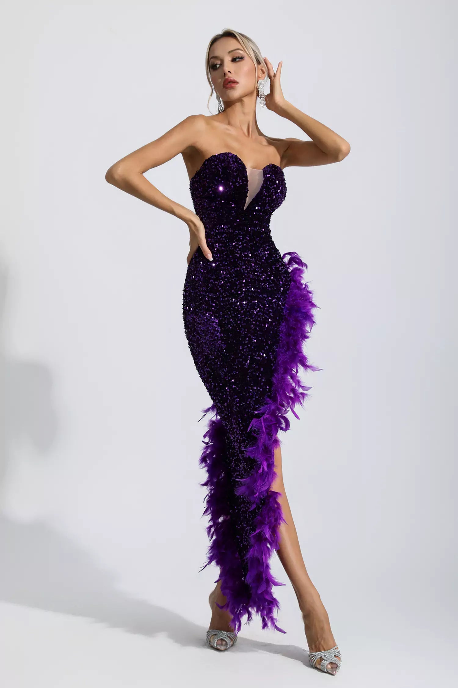 Kira Purple Sequin Feather Dress