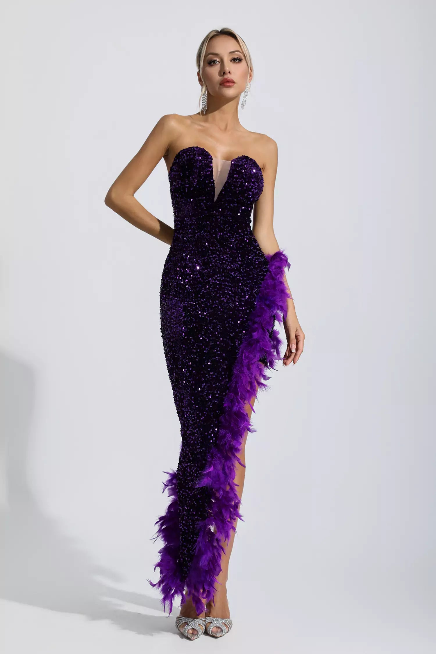 Kira Purple Sequin Feather Dress