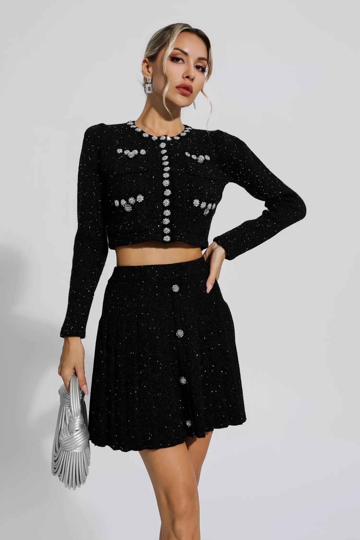 Lara Black Knitted Beads Embellished Set