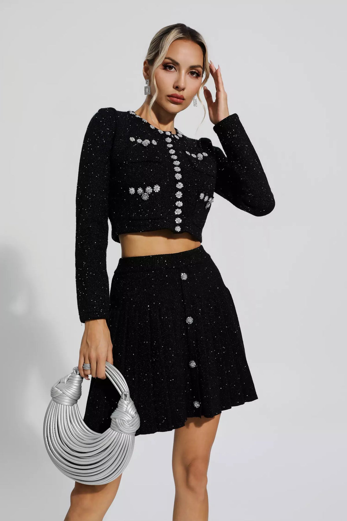 Lara Black Knitted Beads Embellished Set