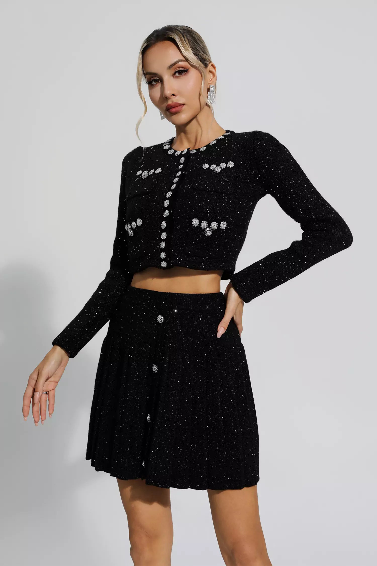 Lara Black Knitted Beads Embellished Set