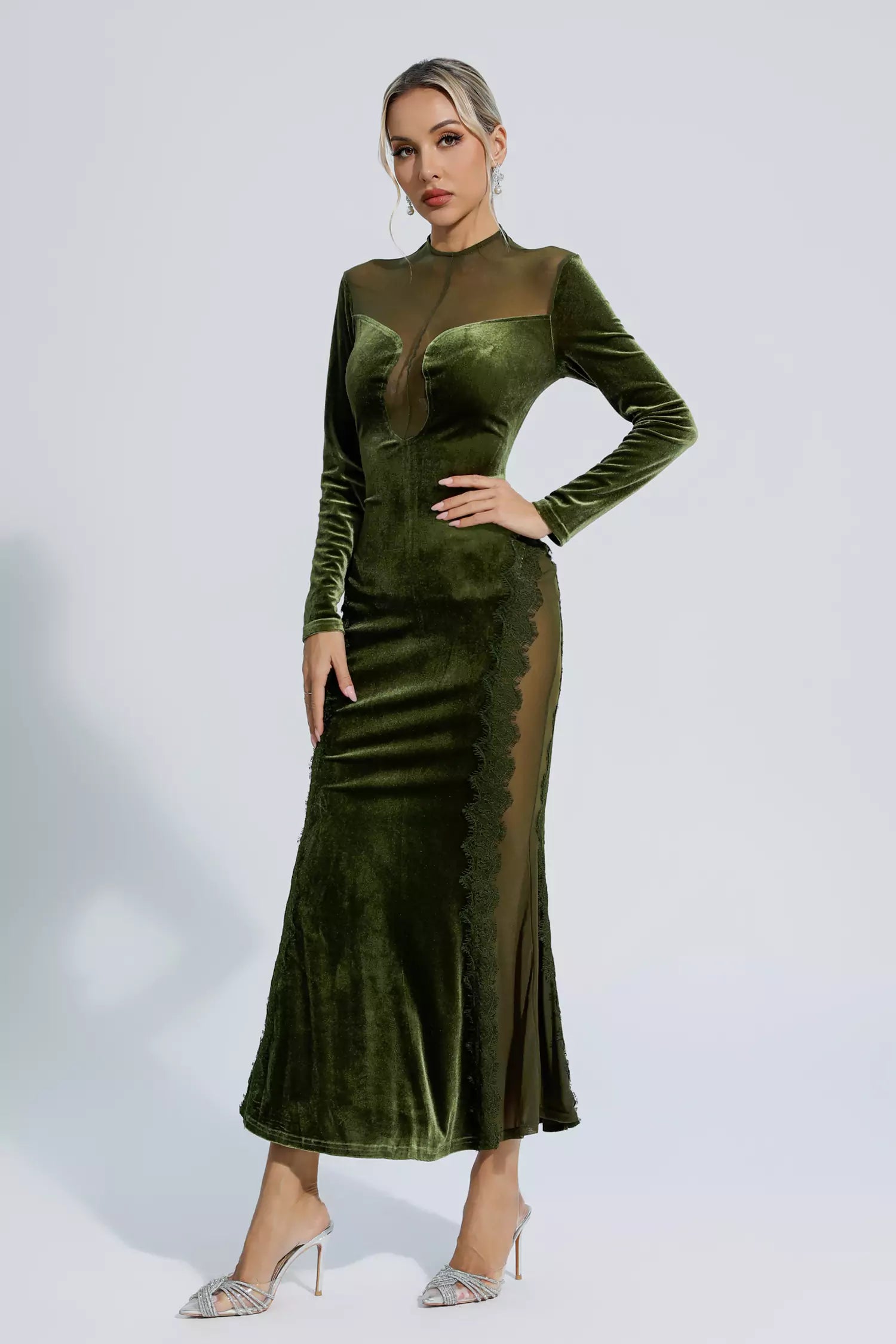 Laurel Green Mesh Long sleeve Maxi Dress