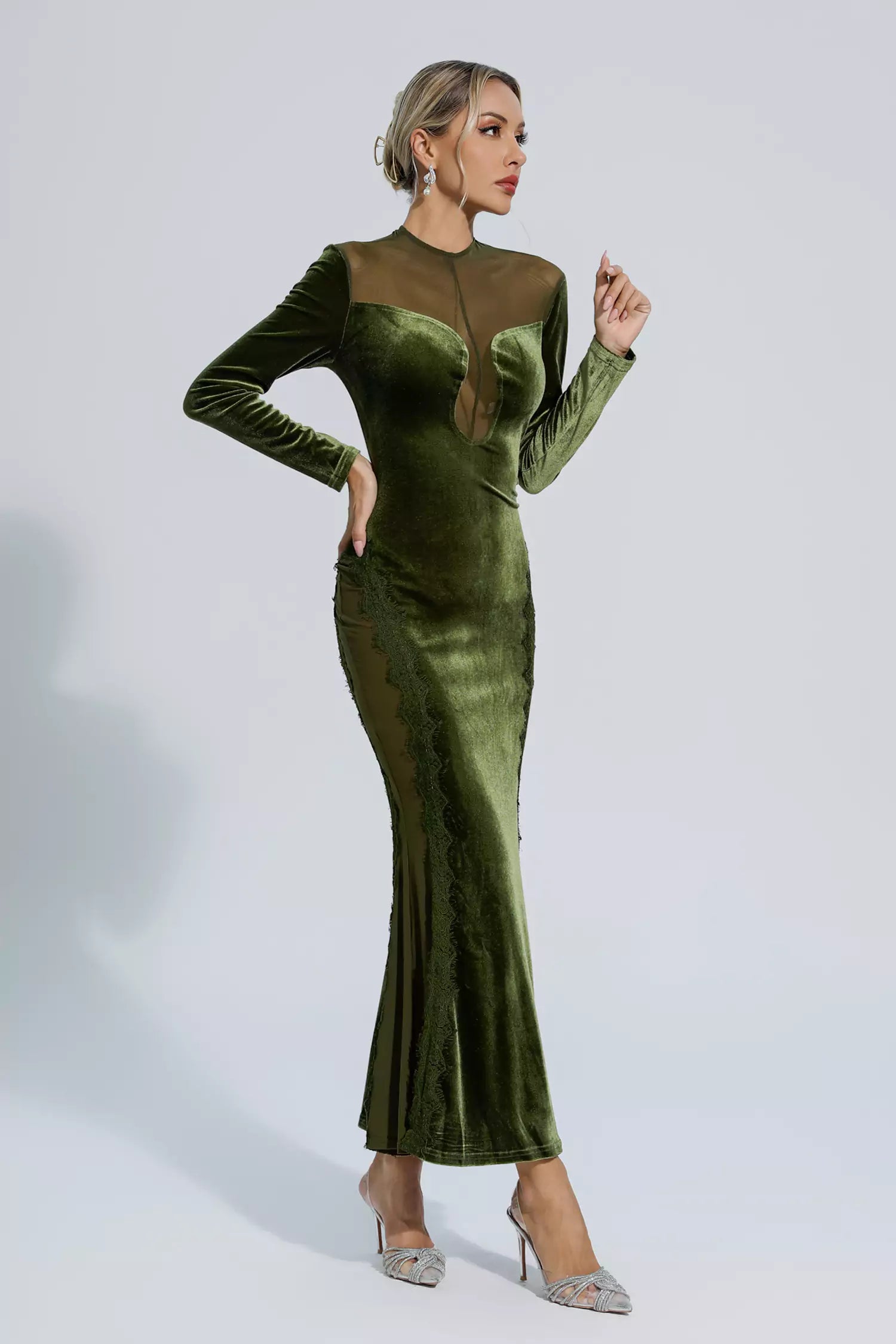 Laurel Green Mesh Long sleeve Maxi Dress