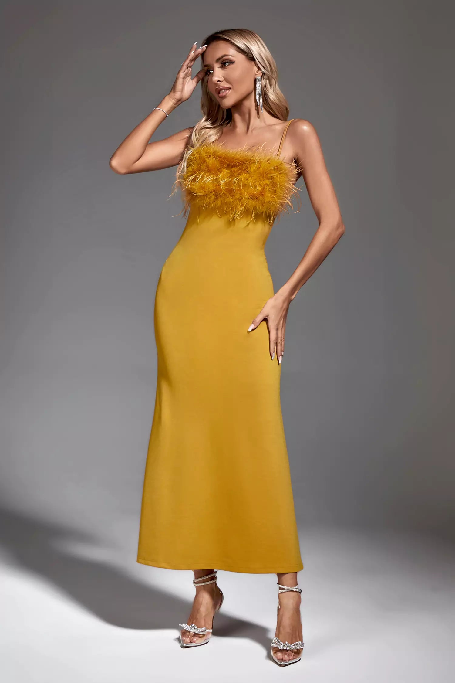 Leighton Yellow Feather Maxi Dress