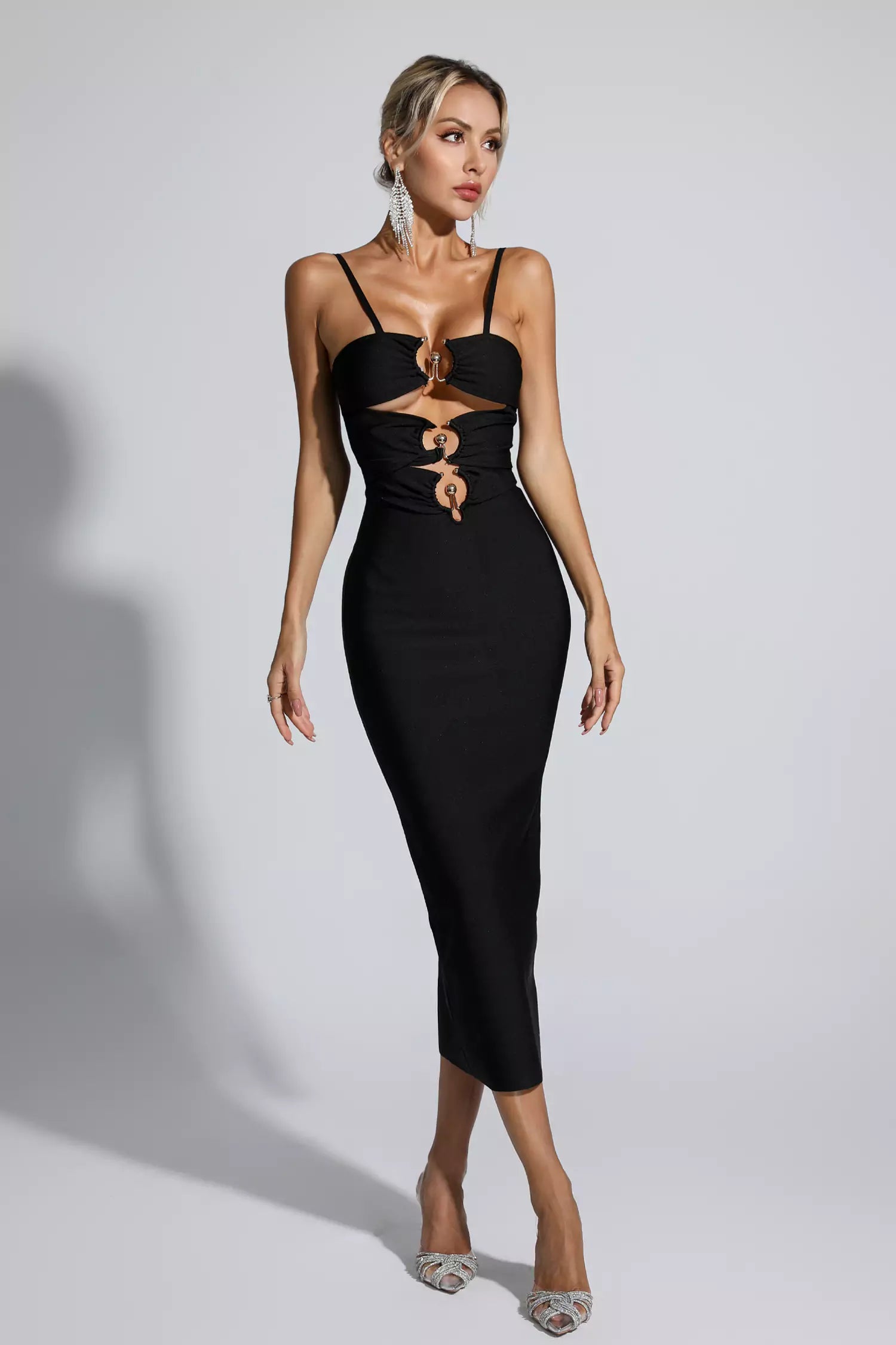 Liana Black Hollow Out Bandage Midi Dress