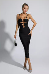 Liana Black Hollow Out Bandage Midi Dress