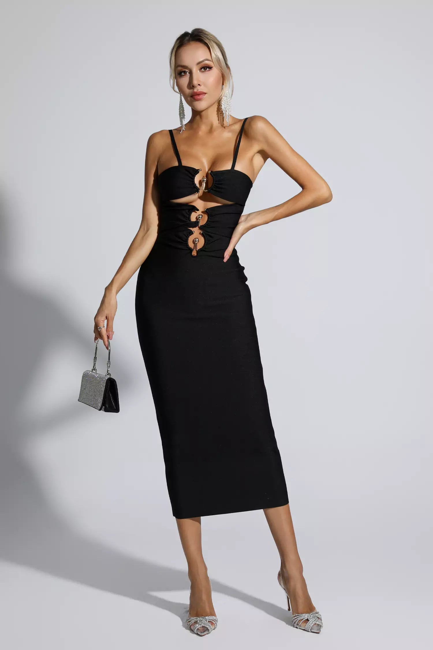 Liana Black Hollow Out Bandage Midi Dress