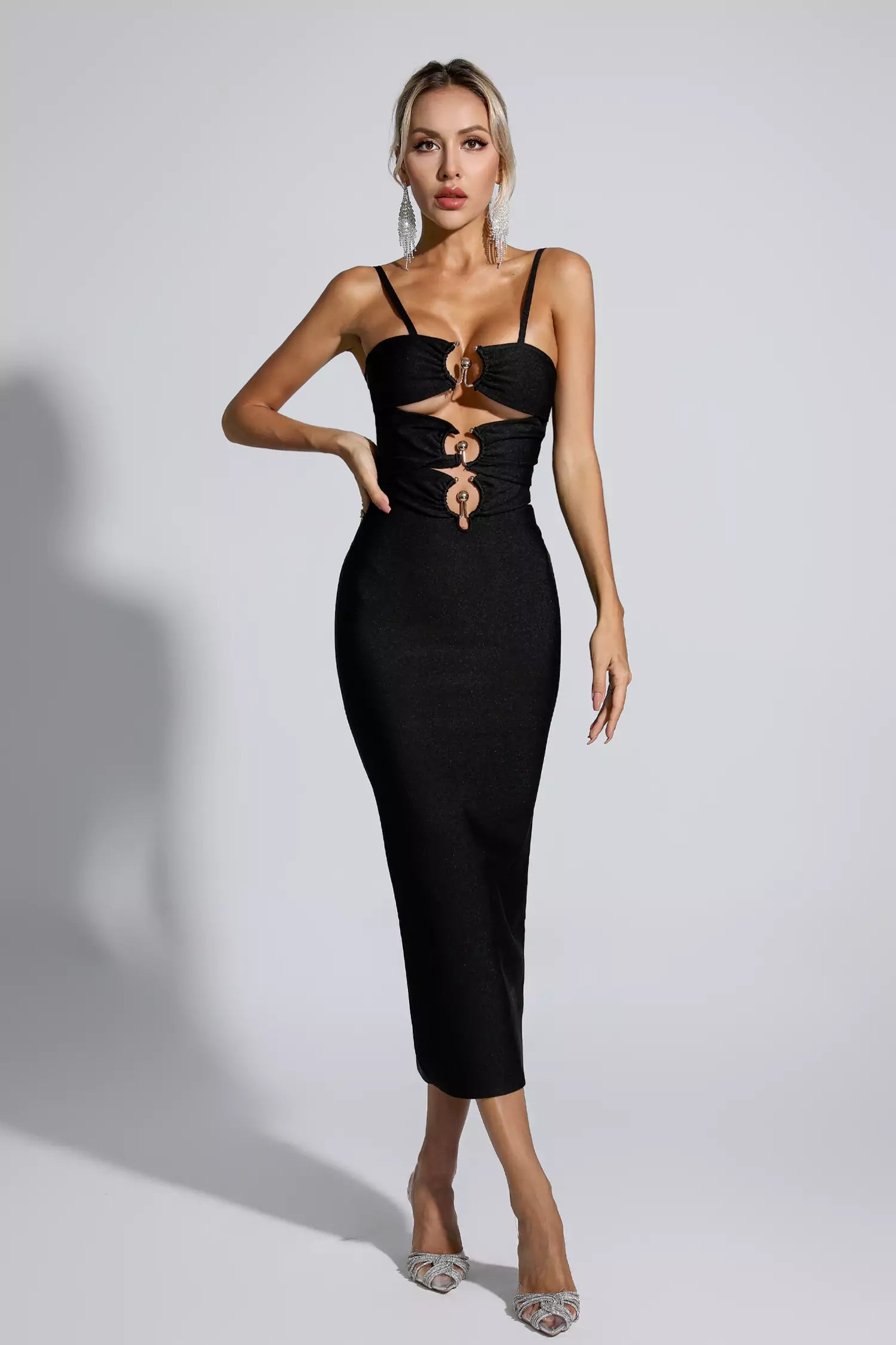 Liana Black Hollow Out Bandage Midi Dress