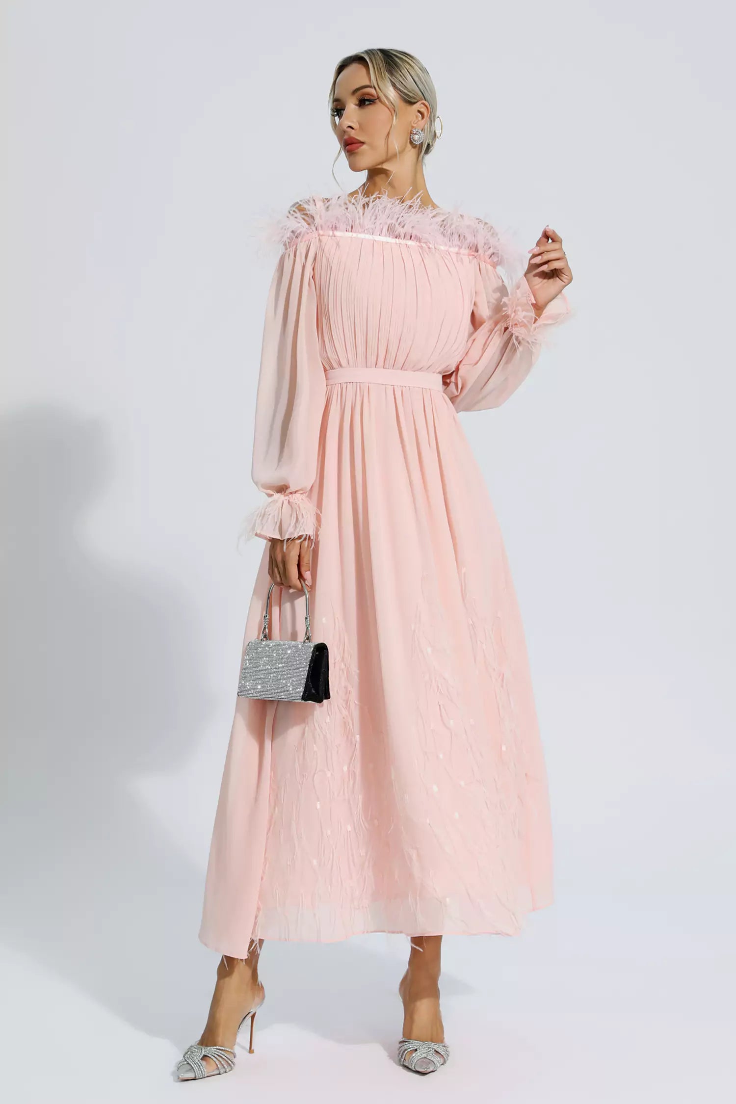 Lilian Pink One Shoulder Feather Long Sleeve Dress