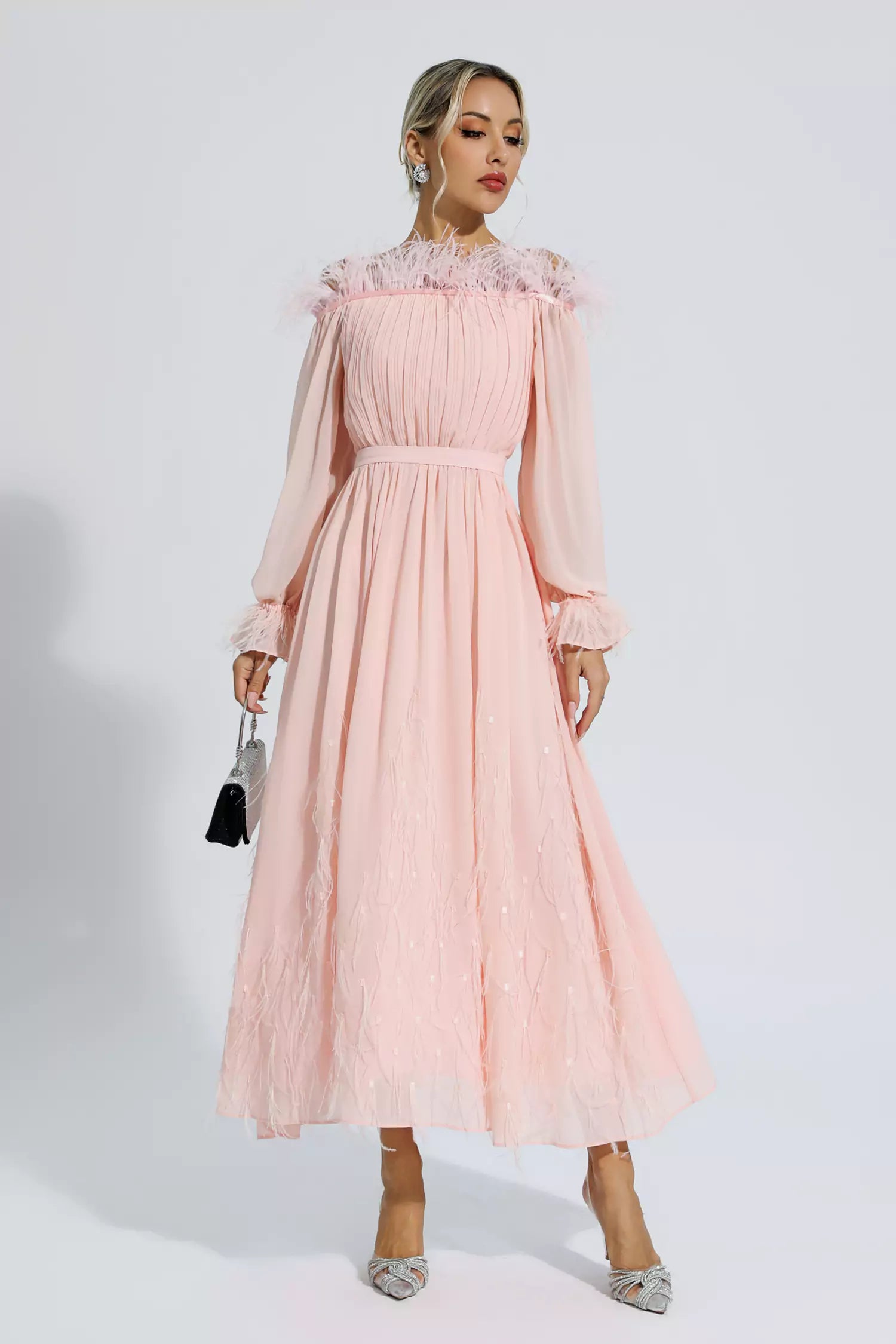 Lilian Pink One Shoulder Feather Long Sleeve Dress