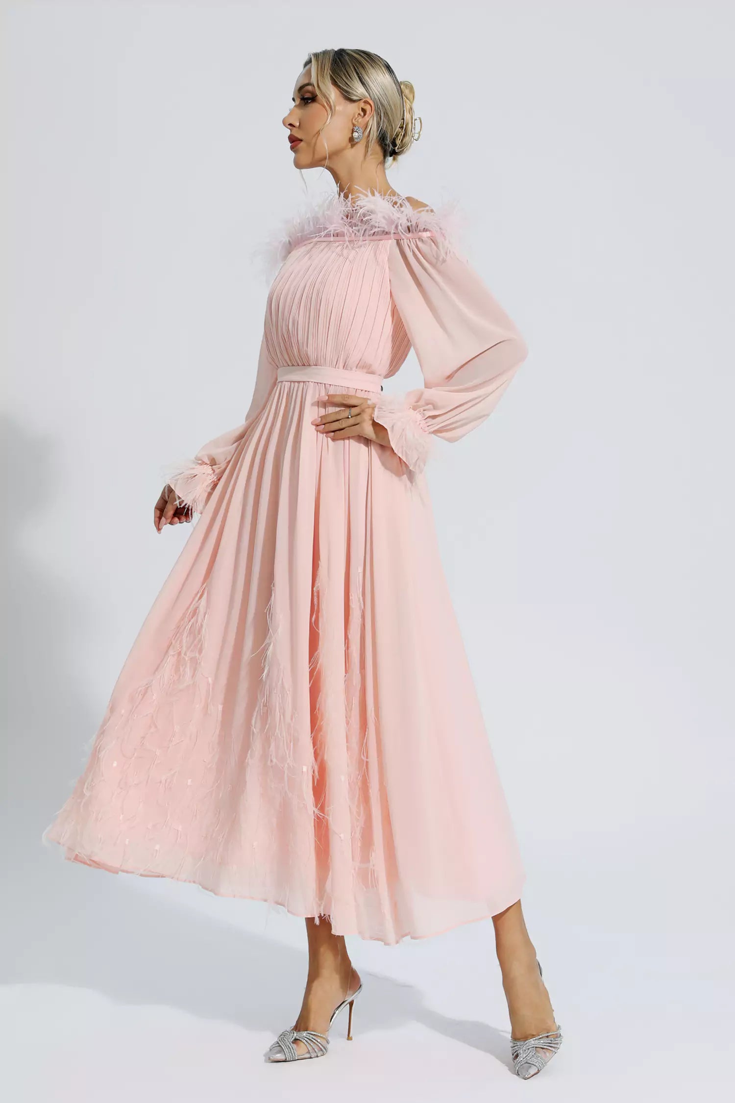 Lilian Pink One Shoulder Feather Long Sleeve Dress