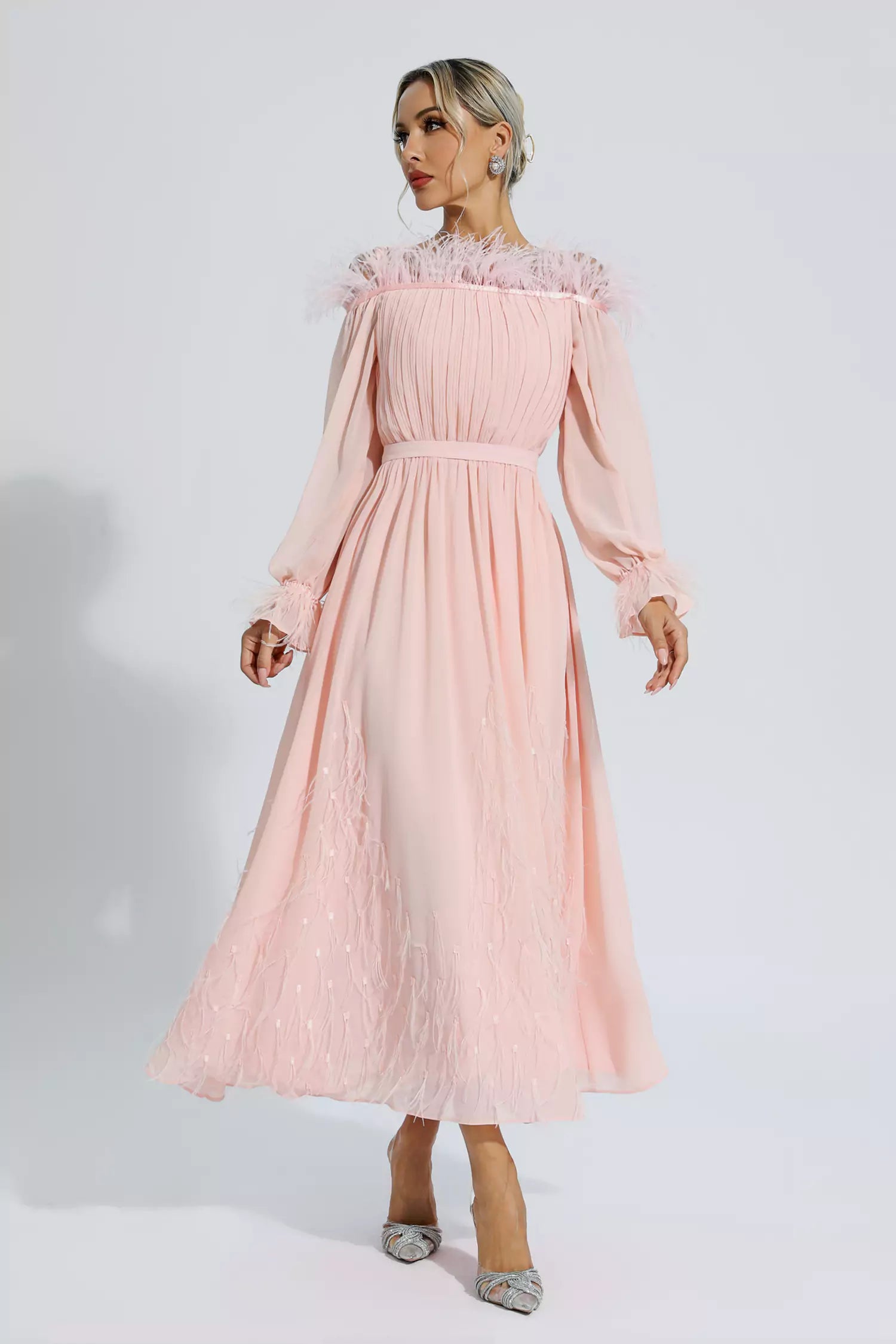 Lilian Pink One Shoulder Feather Long Sleeve Dress