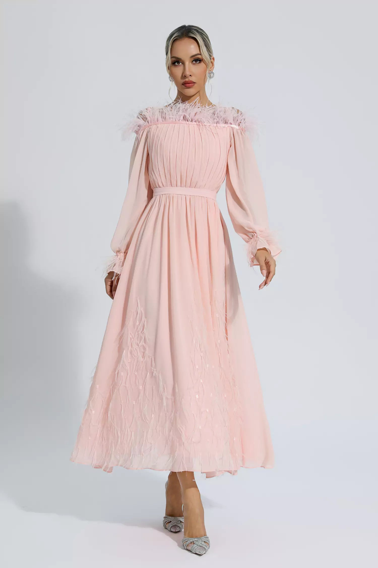 Lilian Pink One Shoulder Feather Long Sleeve Dress