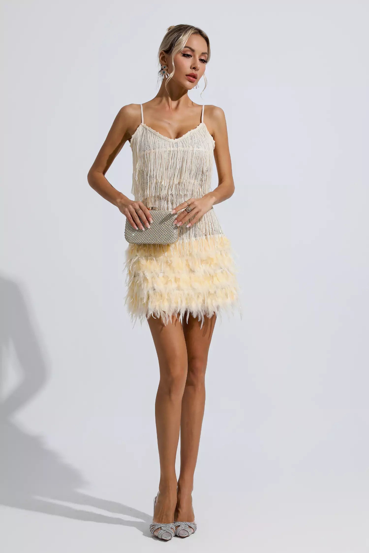 Lilliana Champagne Feather Tassel Sequin Mini Dress