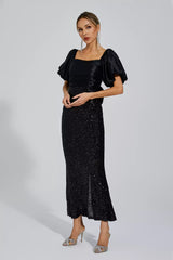 Linda Black Bow Sequins Maxi Dress