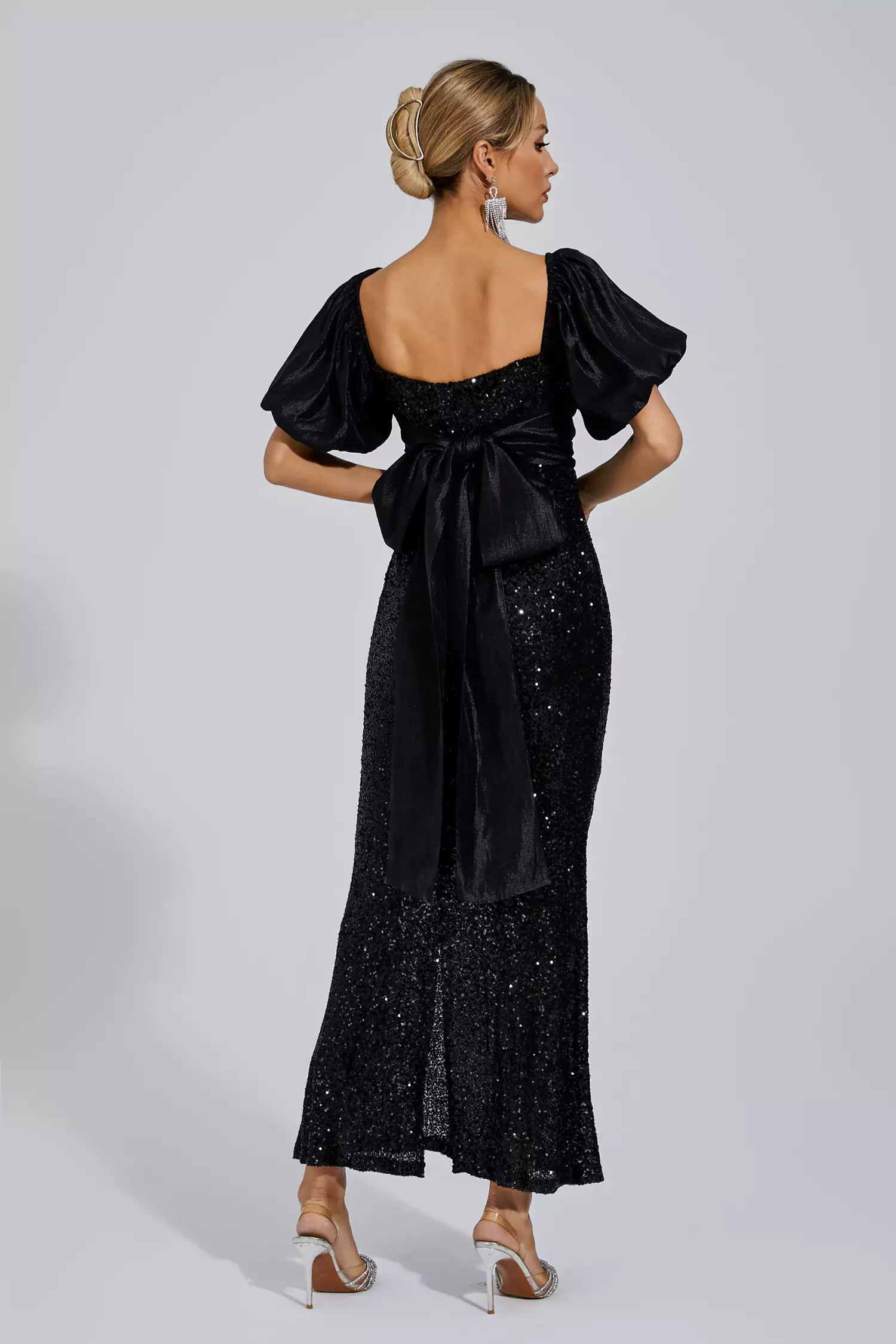 Linda Black Bow Sequins Maxi Dress