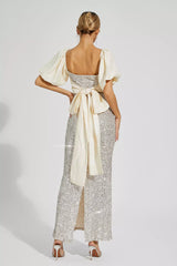 Linda Apricot Bow Sequins Maxi Dress