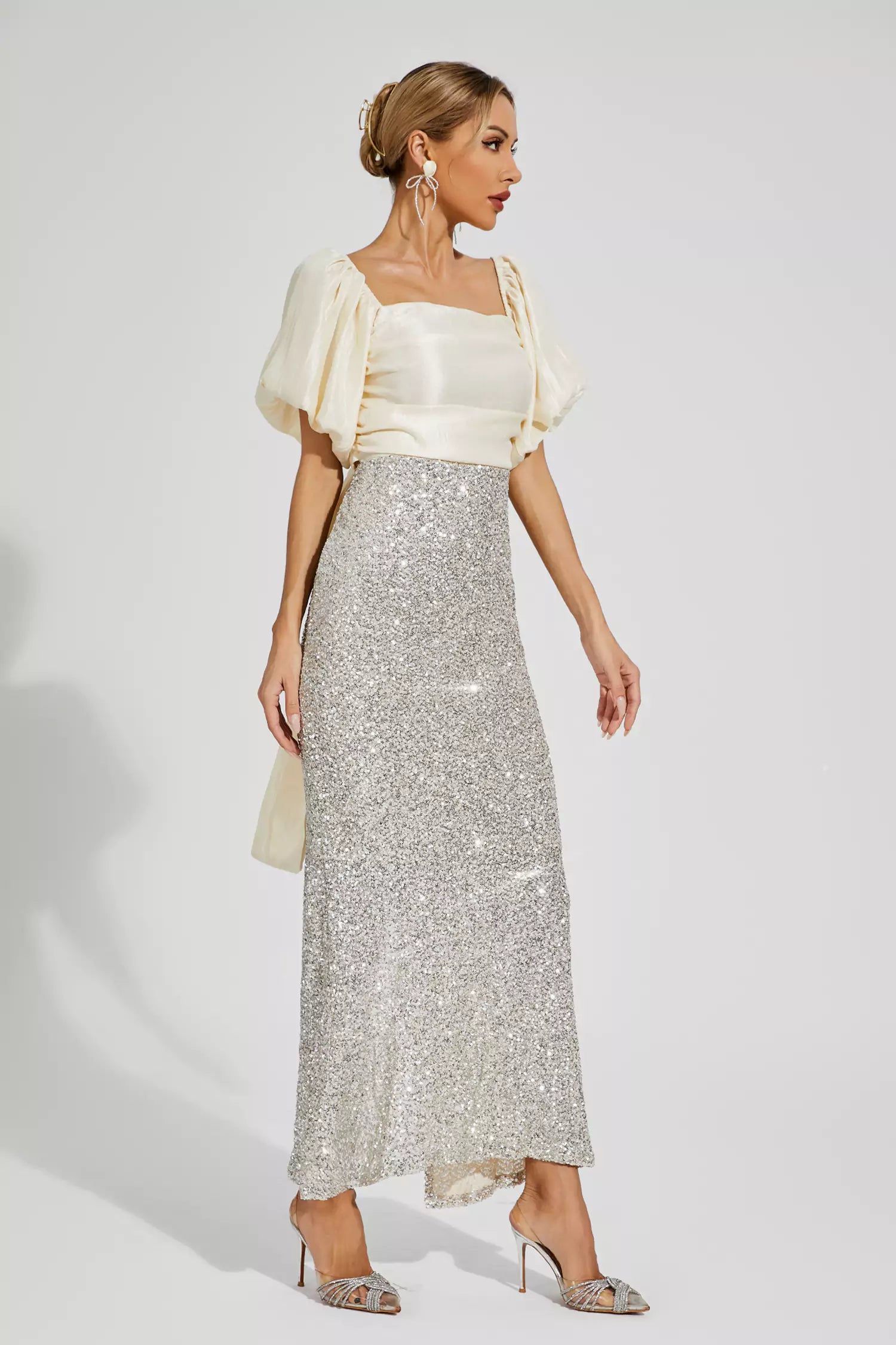 Linda Apricot Bow Sequins Maxi Dress