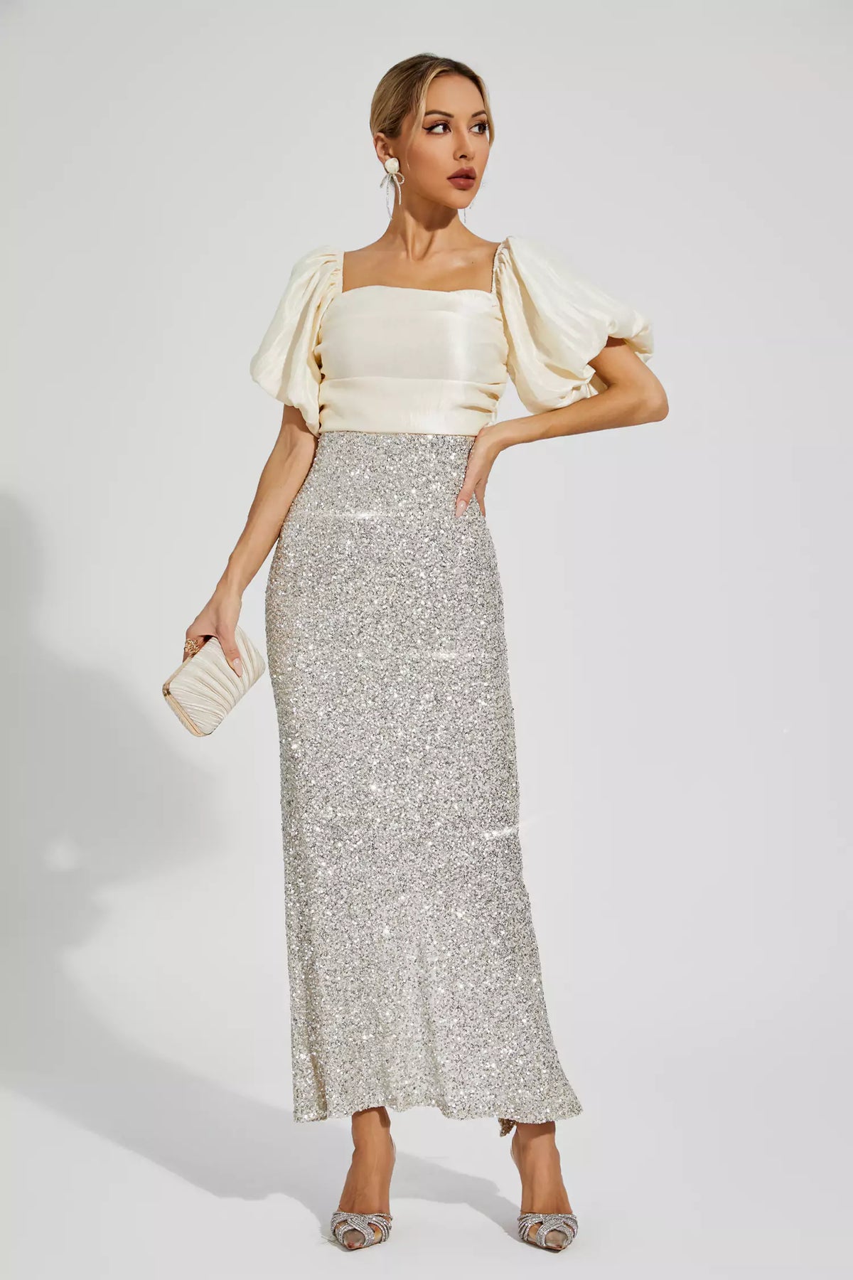 Linda Apricot Bow Sequins Maxi Dress